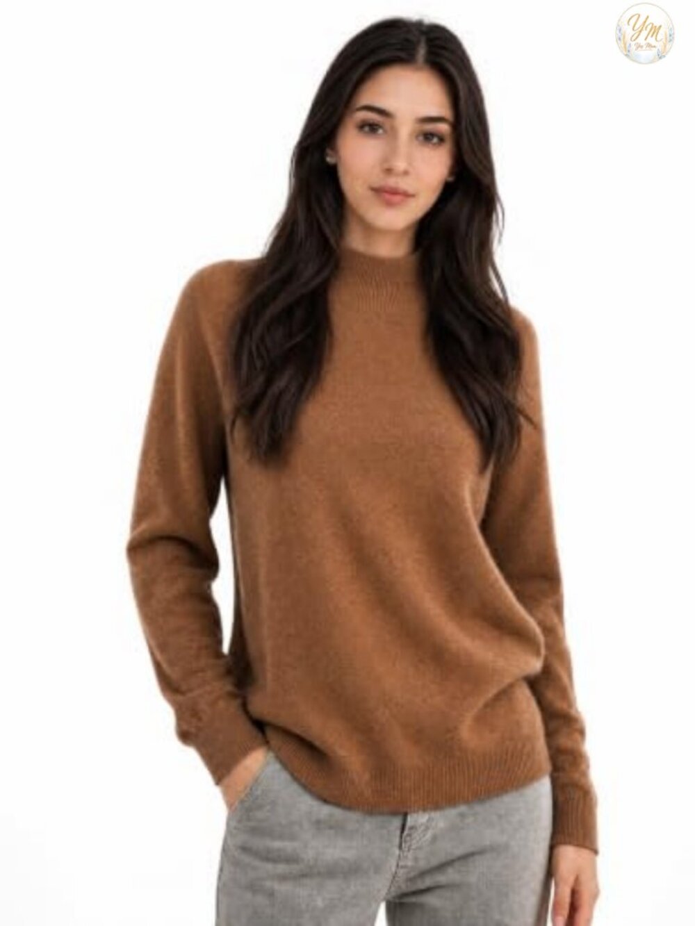 100% Cashmere Mock Neck Long Sleeve Seamless Knit Pullover Sweater